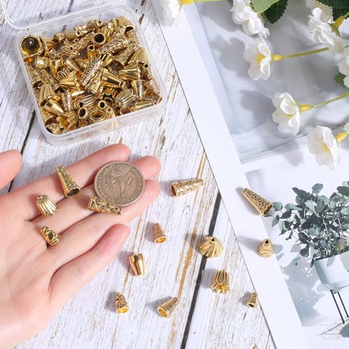 SOFPLATE 100Pcs 10 Styles Gold Cone Bead capss Flower Bead capss Tibetan Style Alloy Antique Golden Beading Tassel End capss for DIY jewellery Making Findings Supplies Earrings Accessories Crafting - Image 3