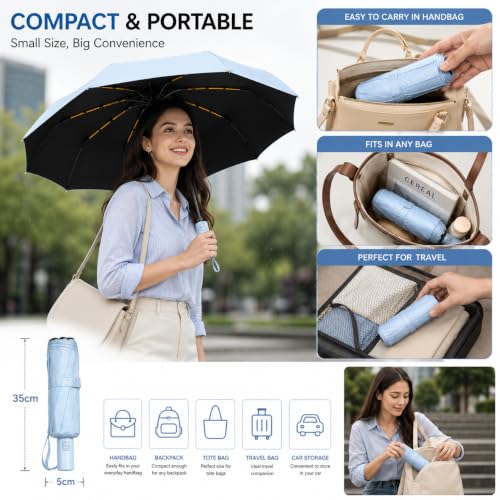 Image of Vasukie Compact Travel Umbrella with Ergonomic C-Shaped Handle, Wind Resistant Folding Umbrella for Men & Women, Lightweight Portable Umbrella for Travel, Office & Daily Use