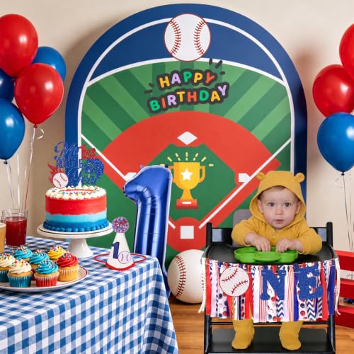 Image of Baseball Highchair Banner for Boys First Birthday Party Decorations | My 1st Rookie Year Baseball Fabric Banner for Boys Blue Red High Chair Banner for One Birthday Backdrop Decorations