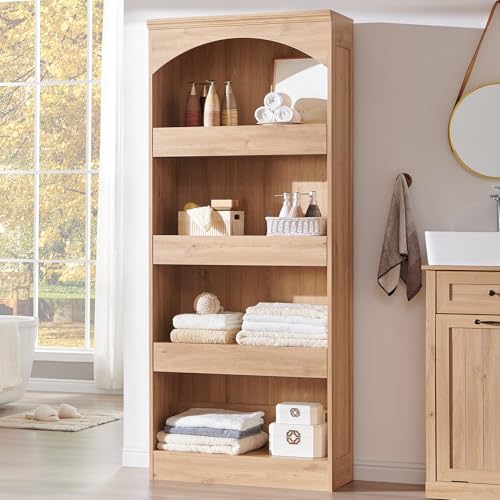 Image of IFBUY 76 inch Tall 3 Drawers Arched Bathroom Storage Cabinet, Natural