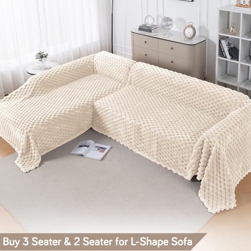 Image of HOKIPO Luxury Premium Rabbit Wool Plush Fluffy Sofa Cover, Sofa Throw for 2 Seater Sofa, 180(D) x 250(L) cm, 'Bunnysoft Series' Cream (AR-5074-WHT)