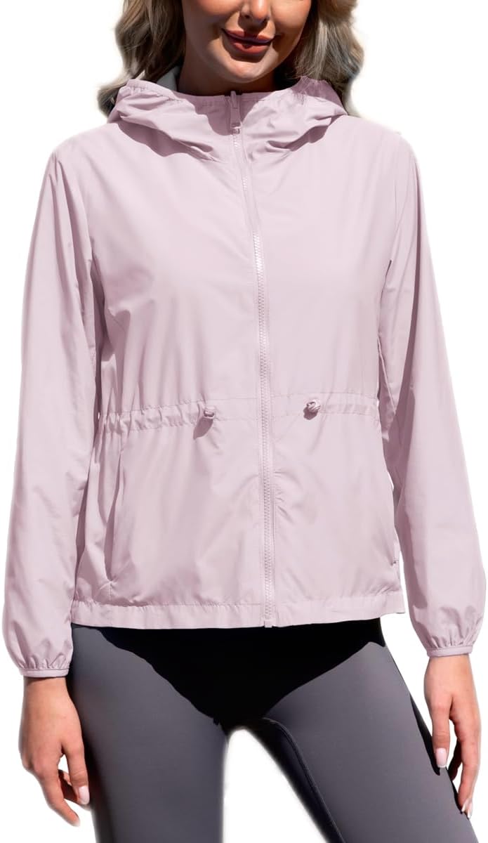 Women's Waterproof Reversible Rain Jacket Lightweight Hooded Windbreaker with Pockets Outdoor Portable Raincoat