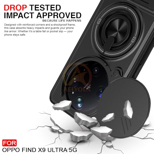 Image of Oppo Find X9 Ultra 5G Back Cover | Armor Camera Slider 360 Degree Rotating Finger Ring Holder Case with Bracket Stand Back Case Cover (Compatible with MagSafe Accessories) (Black)