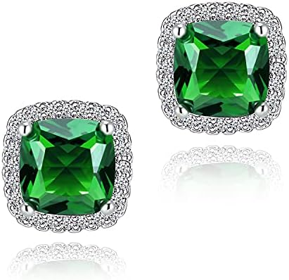 CZ Stud Earrings, Created Emerald Earrings for Women YOMELA White Gold 10MM Square Green Halo Stud Earrings Hypoallergenic for Women