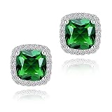 CZ Stud Earrings, Created Emerald Earrings for Women YOMELA White Gold 10MM Square Green Halo Stud E