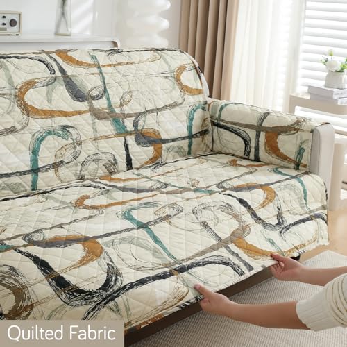 Image of HOKIPO 'Elira Series' Printed Water Repellent + Waterproof Quick Dry L Shape (3+3 Seater) Sofa Seat Cover Mat, Parchement Beige Abstract Art (AR-5249-C6*2)
