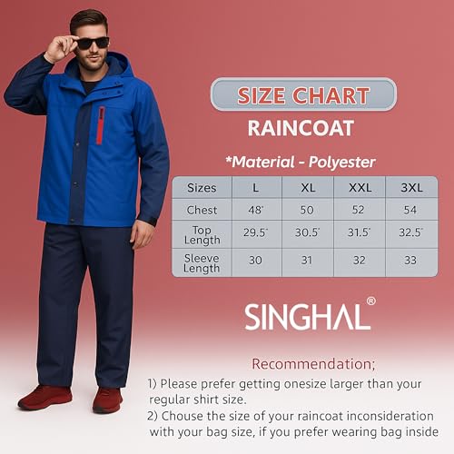 Image of SINGHAL Men Waterproof Large Raincoat Set with Pants | Full Sleeves Jacket | Double Layered, Hooded | Lightweight & Breathable | Perfect for Monsoon