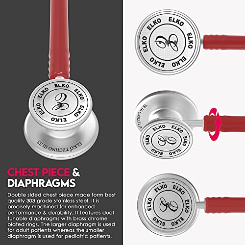 Image of ELKO EL-170 TECHNO III SS Stainless Steel Acoustic Stethoscope | Adult & Pediatric Stethoscope With Double Sided Chestpiece | Two-Way PVC Tubing | Doctors & Medical Students (Red)