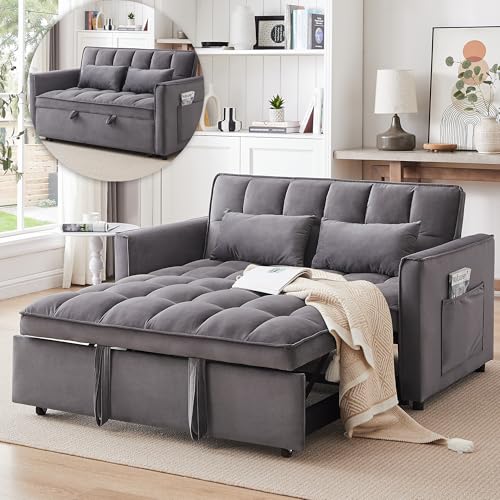 Wakefit 3 in 1 Convertible Sleeper Sofa Bed, Futon Couches for Living Room with Side Pocket | Adjustable Backrest| Velvet Fabric | Pull Out Couch | Recliner Loveseat | Sectional Sofa, Dark Gery