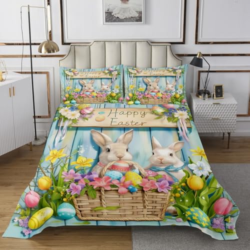 Homewish Easter Rabbit Bedspread Queen Size,Happy Easter Spring Garden Bedding Set for Kids Boys Girls Room Decor,Easter Egg Flower Quilt 3Pcs,Rustic Blue Barn Stripes Coverlet Set,2 Pillowcases