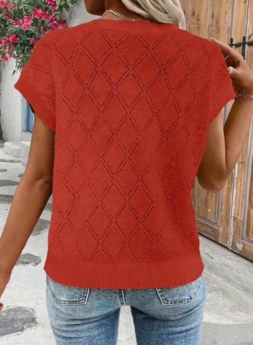 Image of SHEWIN Womens Tops Crewneck Cable Knit Short Sleeve Sweater Loose Lightweight Blouses Dressy Casual Pullover Sweaters Top