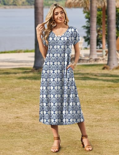 Image of Zeagoo Women Summer Floral Dress Short Sleeve Beach Dress with Pockets Casual V-Neck Split Long T-Shirt Dress Travel Vacation