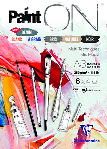 Clairefontaine 975411C Bloc Collé PaintON Multi-techniques - 24 Feuilles Papier Dessin Multi-techniques - Assorti de 6 Couleurs x4 Feuilles - A3 29,7x42 cm 250g