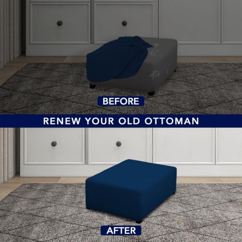 Image of PureFit Super Stretch Form Fit Ottoman Cover Rectangle - Ottoman Slipcovers for Foot Stool Cover & Folding Storage Slipcover for Living Room with Nonslip Elastic Bottom (Medium-L, Navy)