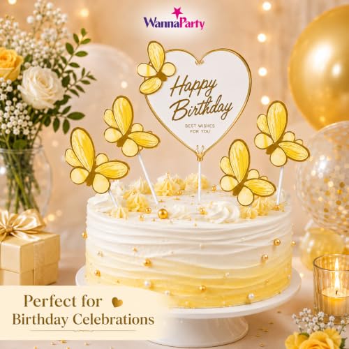 Image of Wanna Party Gold Butterfly Happy Birthday Cake Topper Set, Heart Birthday Cake Decoration with Golden Butterfly Picks for Birthday Party, Cake Decor, Dessert Table & Celebration Supplies