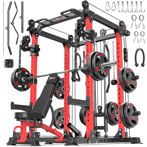 Power Rack Power Cage Multi-Function Squat Rack with Cable Crossover System Selectable More Training Attachment Power Rack for Garage & Home Gym (Red D Set L02+Weight Bench+Pole+Cast Iron 248LBS)