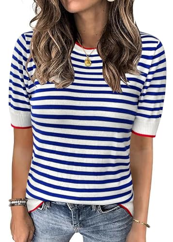 Image of Womens Tops Summer Short Sleeve Shirts Striped Sweater Cute Casual Top Trendy Women Clothing Crewneck Knit Blouses