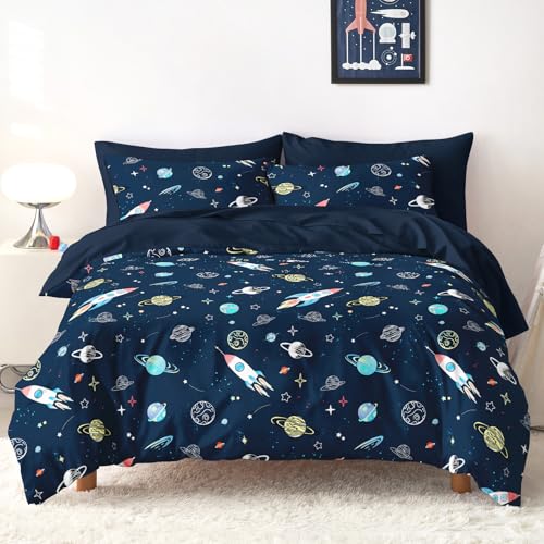 Wake In Cloud - Space Bedding Set for Boys Galaxy Rocket Planet Star Soft Lightweight Comforter Set with Sheets 5 Pieces Kids Bed in a Bag Navy Blue Twin Size
