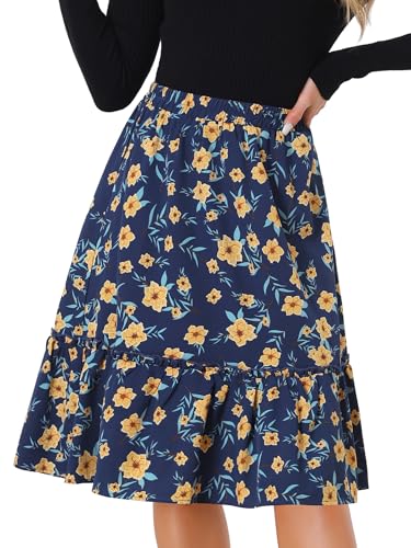 Allegra K Falda Floral Fluida con Volantes En El Dobladillo para Mujer Azul Oscuro M