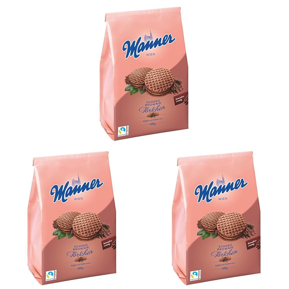 Manner Törtchen | knusprige kakao Kekse mit Schoko Brownie Füllung | 3er Pack (400 g)