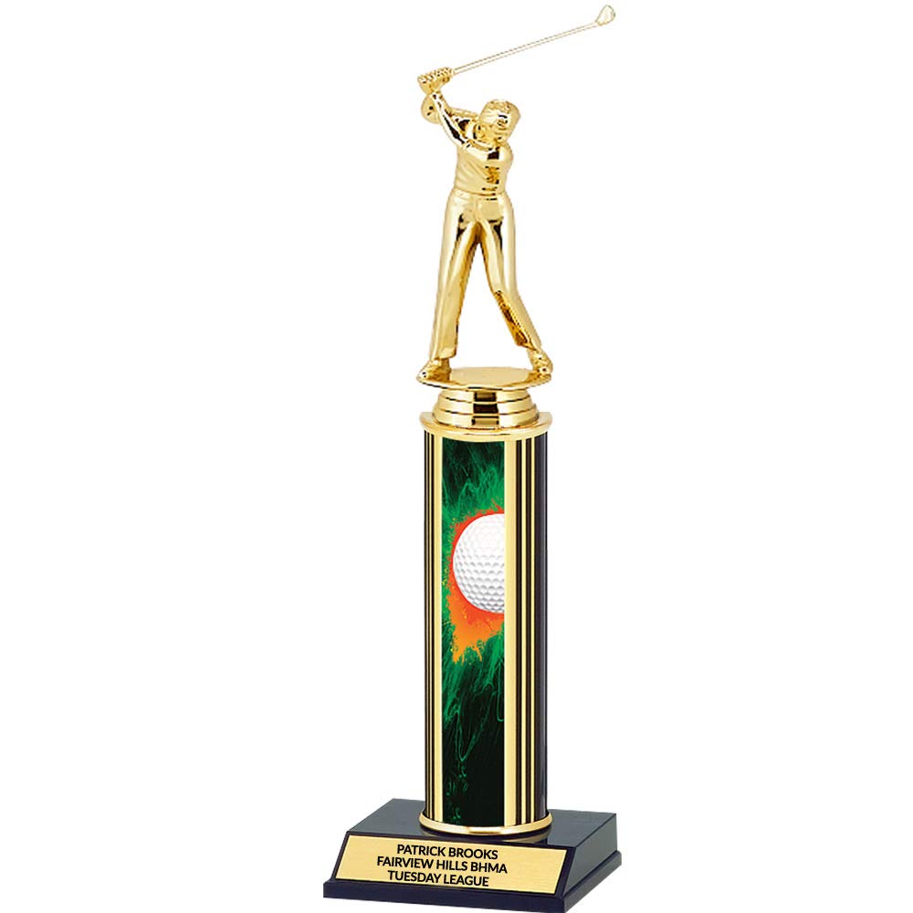 DINN BROS Custom Male Golf Trophy, Customize Engraving, Boy's or Men's Gold Golfer, Single Column, 10 Inches Tall, Large