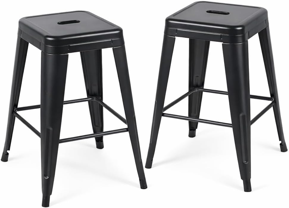 Midnight Black Metal Bar Stools Set of 2, 24 Inch One-Piece Cold-Rolled Steel Counter Stools, Small Space Industrial Barstools, Easy Assembly Kitchen Island Chairs for Apartment & Cafe