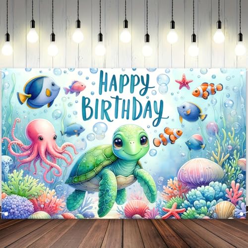Image of HOMETITUTE Under the Sea Birthday Banner 71x43 Inch Turtle Party Decor