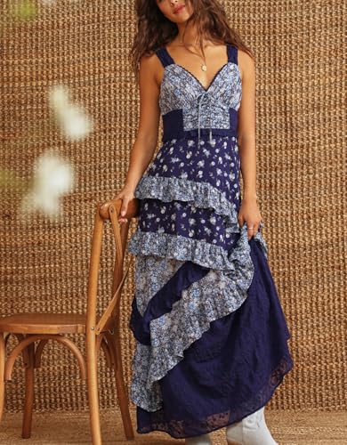 Image of Y2k Patchwork Floral Maxi Dress Boho Flowy Ruffle Tiered Summer Dress Cute Beach Smocked Long Sundresses for Women