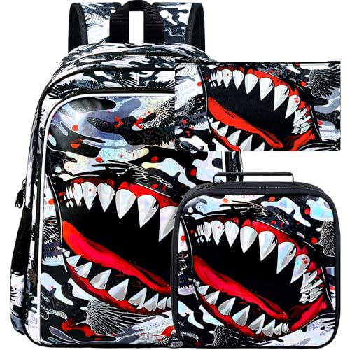 Image of 3Pcs Boys Backpack, 16 inch Shark Bookbag for Elementary Preschool Kindergarten, Kids School Backpacks with Lunch Box(Black)