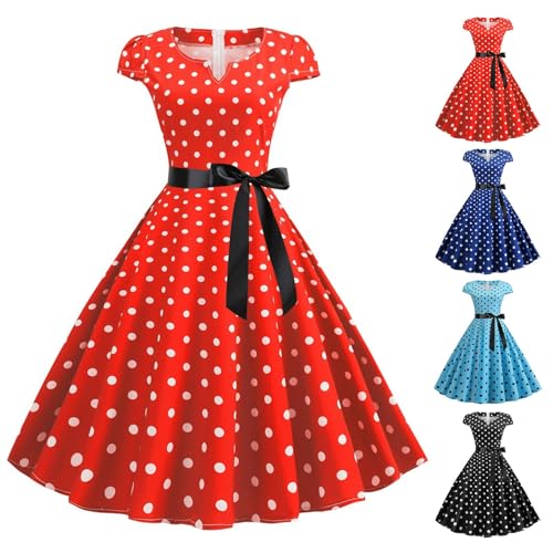 1950s Kleider für Frauen Vintage Polka Dots Floral Kurzarm Rockabilly A-Linie Swing Midi Tee Kleid Cocktail Hochzeit Party Prom Arbeit Büro Formal...