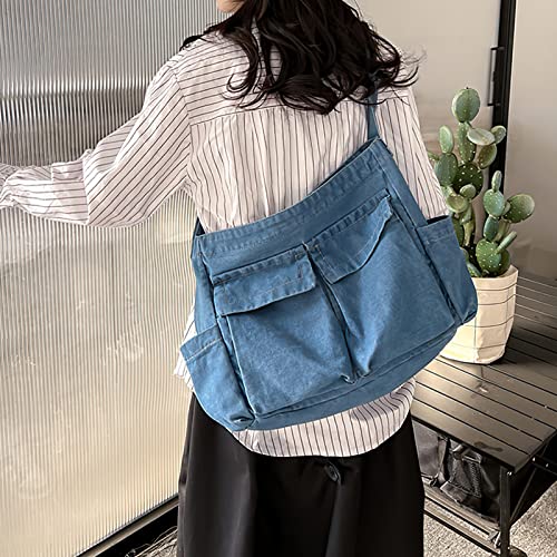 Image of LassZone Canvas Messenger Bag Large Crossbody Bag Hobo Shoulder Handbags Multi Pocket Denim Tote Bag for Women or Men