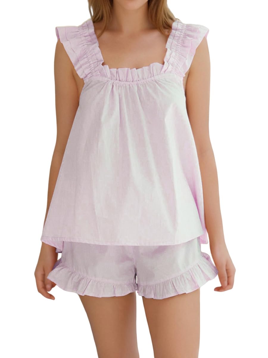 Sotimoon Womens Summer Pajama Sets 2 Piece Outfits Ruffle Trim Top and Shorts Cotton Loungewear Set