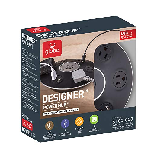 Designer Series 4-Outlet Usb Surge Protector Desktop Power Strip Hub, 4X Usb Ports (5V/3.1A), Surge Protector, Right Angle Plug, Central On/Off Button, 6Ft Cord, Black Finish,78525 #TOP5