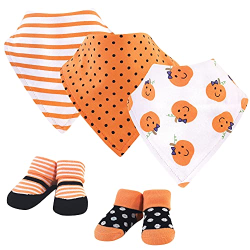 Image of Hudson Baby Unisex Baby Cotton Bib and Sock Set, Girl Pumpkin, One Size