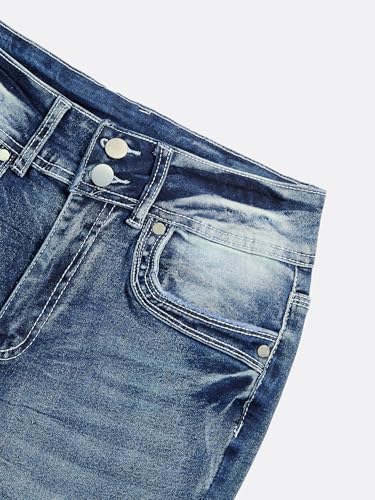 Women Mid Waisted Bootcut Jeans Zip Stretchy Slim Casual Double Button Flare Denim Pants with Distressed Pocket4