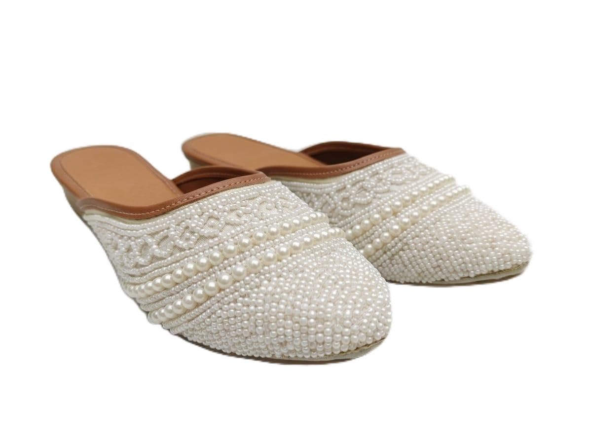 Pearl Beaded Mule Flats for Women, Ivory White-picture-41
