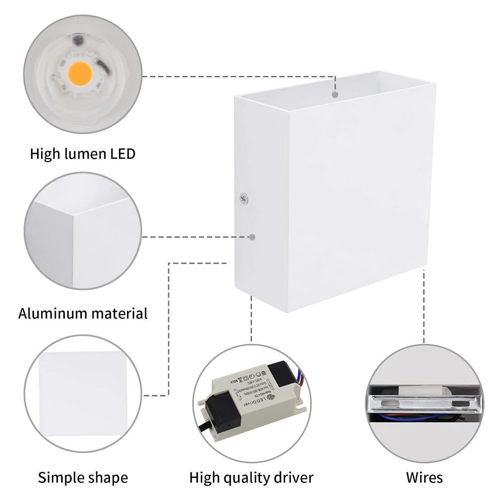 CHEVVY 2Pcs Applique Murale LED 7W Moderne Intérieur 3000K Carrée Blanche Décorative pour Chambres à Coucher, Salon
