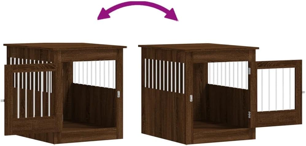Close-up of the white metal latch mechanism on the brown oak dog crate door.