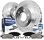Detroit Axle - Front Drilled & Slotted Brake Rotors w/Ceramic Pads w/Hardware & Brake Kit Cleaner & Fluid for Cadillac SRX Saab 9-4X - 6pc Set
