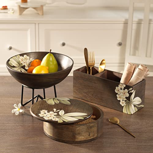 Image of Ellementry Frangipani Wooden Cutlery Stand & Organizer Stand for Spoons, Forks & Knives, Modern Counter Top Tableware Storage Box for Kitchen & Dining Table, Utensil Organizer for Home & Office