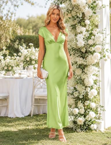 Image of Halfisland Womens Summer Satin V Neck Cap Sleeve Midi Dress Wedding Guest