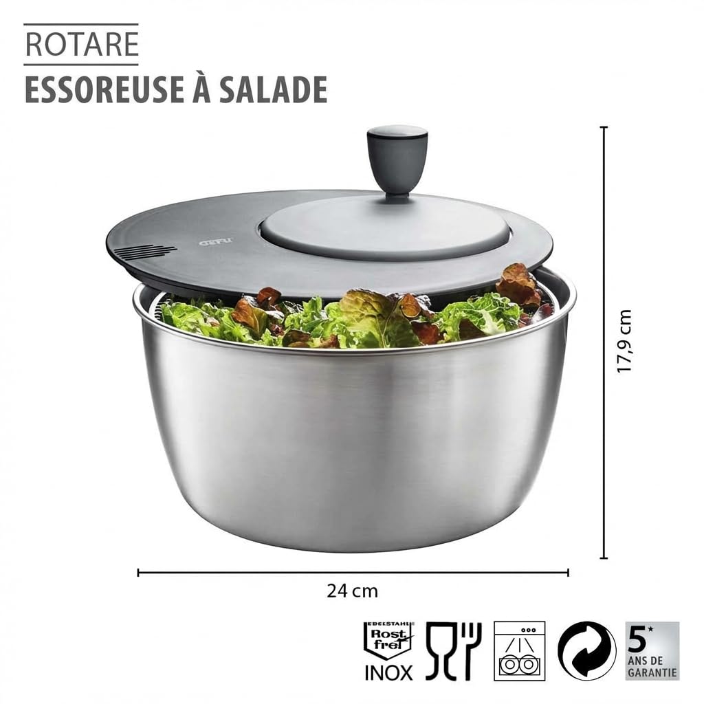 GEFU GF28180 Essoreuse à salade, Ø 25 cm - H 17,2 cm - 3 Liter, Argent