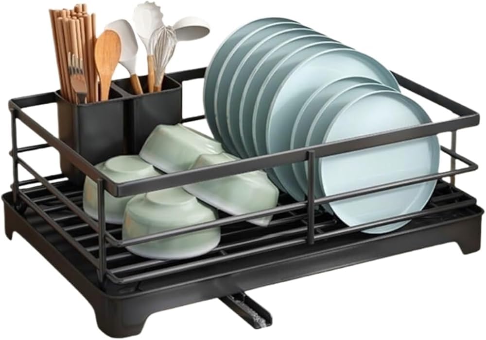 Escurridor de platos con bandeja de goteo extraíble, escurridor de platos de acero inoxidable que ahorra espacio para cocina y comedor, 40 x 30 x 17,5 cm, fácil de limpiar y duradero
