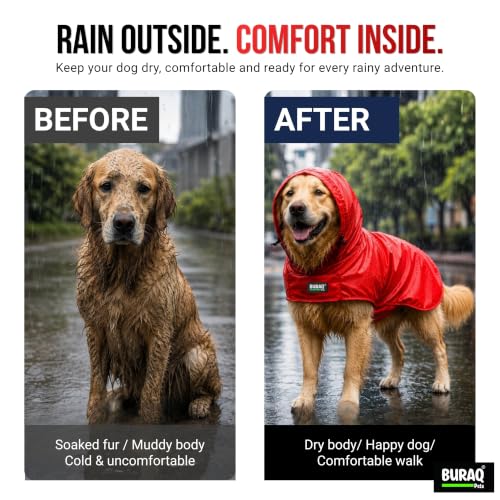 Image of Buraq Pets Dog Raincoat, Waterproof Pet Jacket with Hood & Leash Hole, Protects from Rain & Mud for Small to Large Dogs (XL - Red)