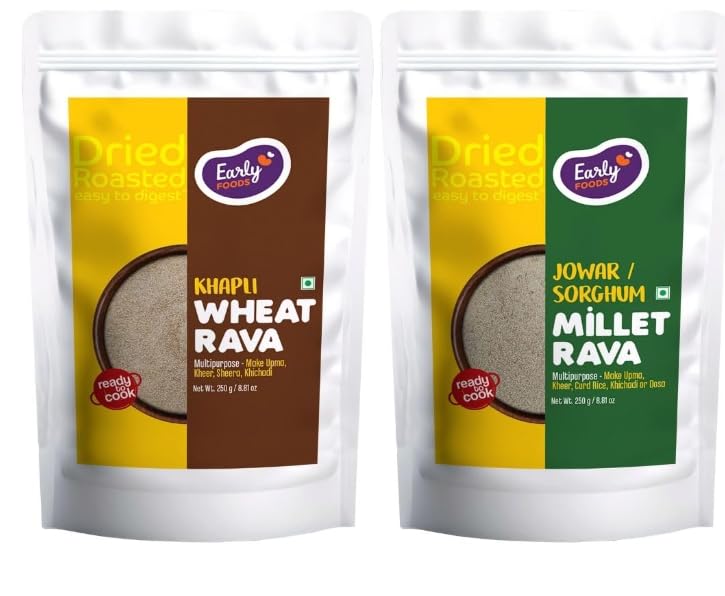Early Foods : Assorted Pack of 2 - Jowar Rava & Emmer Wheat Rava | Instant Millet Suji | Roasted Millet Rava | Millet Idli Rava | Soaked for 6Hrs | Instant Breakfast Mix