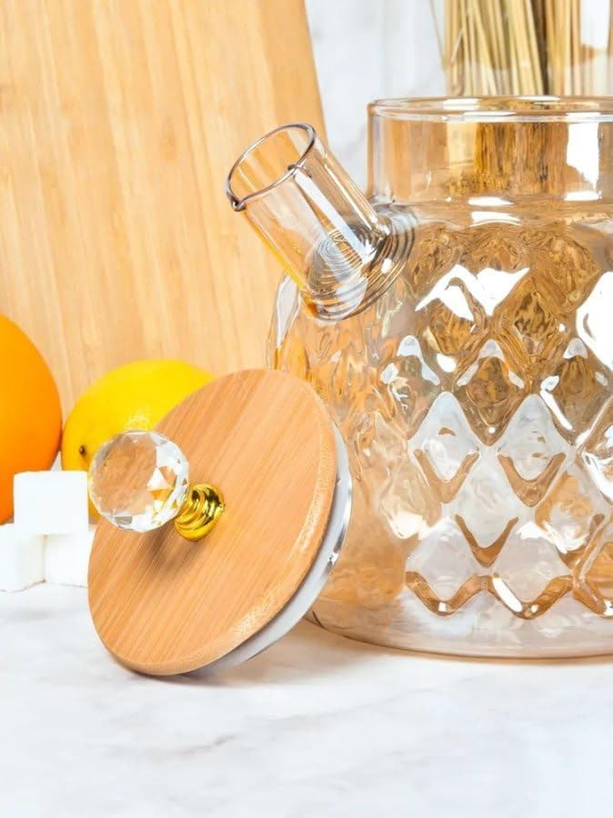 Black Foru Golden Wooden Crystal LID Glass Tea Pot Kettle Gold Colour with No Heat Resistant, Perfect for Tea and Coffee Maker Wooden Lid Loose Leaf Teapot with Strainer 1