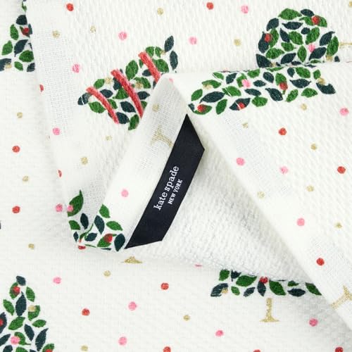 Image of kate spade new york Holiday Confetti & Acrobat Plaid Holiday Kitchen Towels 2-Pack Set, 100% Cotton with Metallic Print, Lint-Free & Absorbant, Cream /Green, 17 inchx28 inch