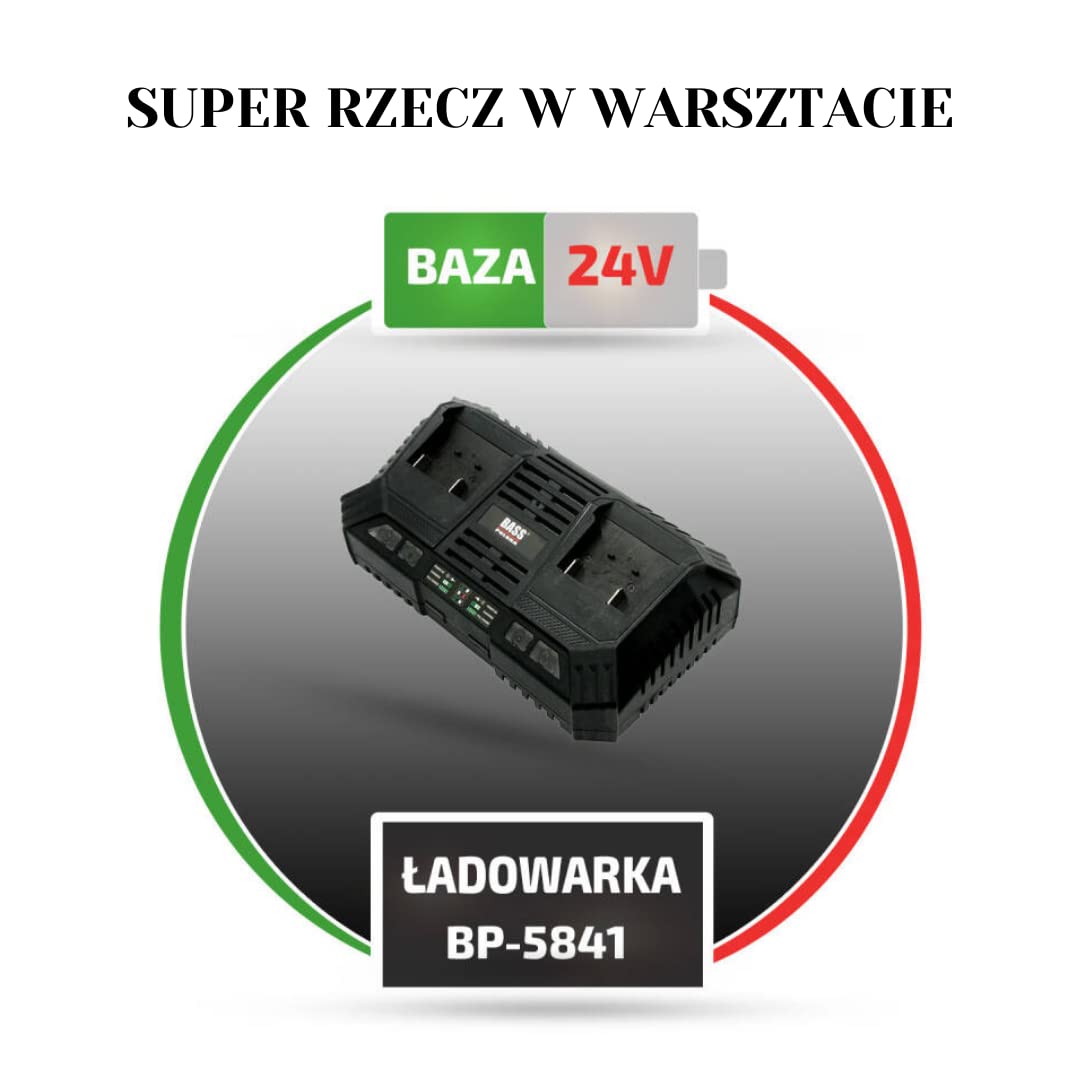 BASS POLSKA Cargador de batería para Herramientas Herramientas de jardín Independientes Jardín de Taller Práctica batería Universal de Iones de Litio 2 x 24 V 15,5 x 24 x 8 cm 0,85 kg
