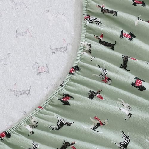 Image of Laura Ashley - Flannel Sheets Twin Size, Anti-Pilling & Wrinkle Resistant Cotton, Touchably Soft for All-Season Comfort - Bed Sheets with Matching Pillowcase & Fitted Sheet (Holiday Pups Green)