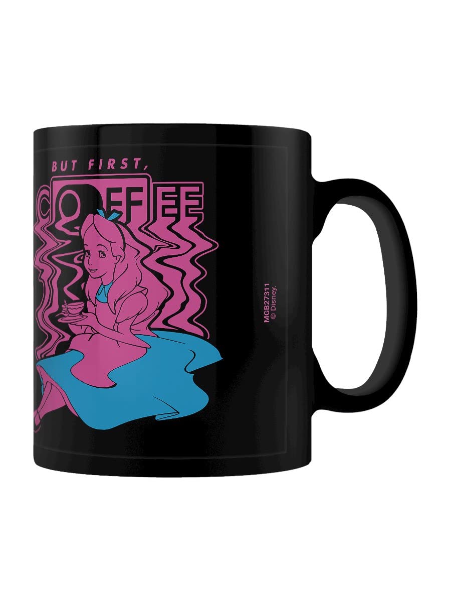 Pyramid International Disney Alice in Wonderland Mug in Presentation Gift Box (But First, Coffee Design) 11oz Ceramic Black Mug - Official Merchandise, Black,blue